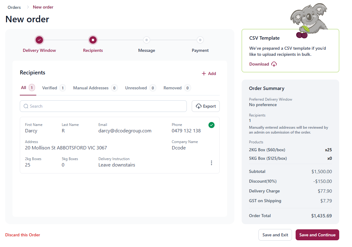 Koala cherries corporate order add recipients